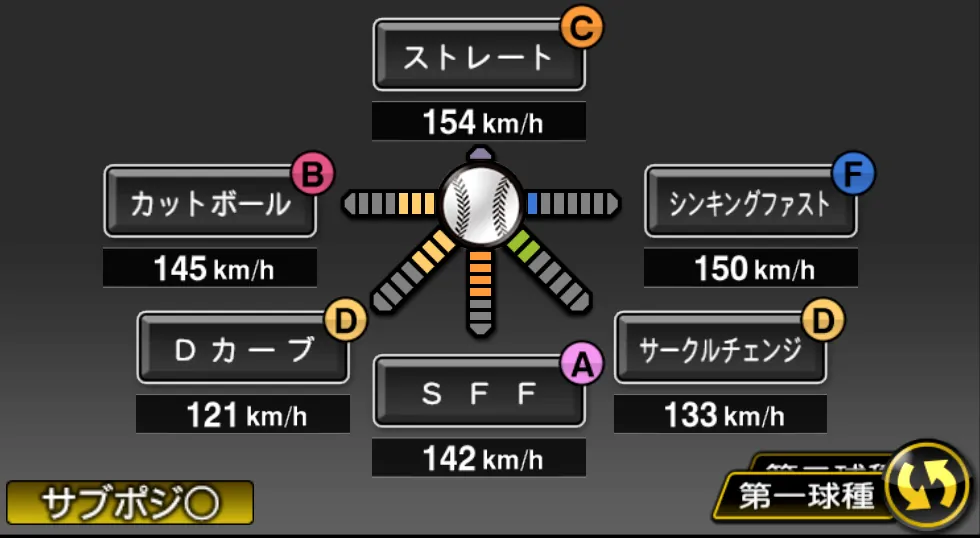 金村 尚真の球種（ゲーム内の画面）