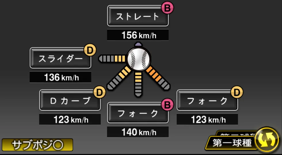 達 孝太の球種（ゲーム内の画面）
