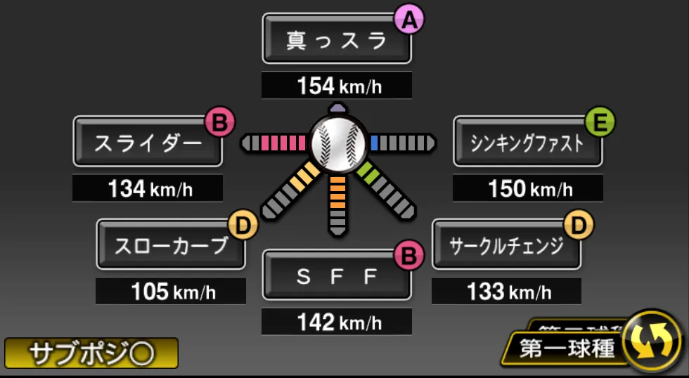 伊藤 大海の球種（ゲーム内の画面）