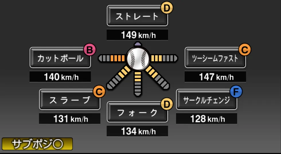 玉井 大翔の球種（ゲーム内の画面）