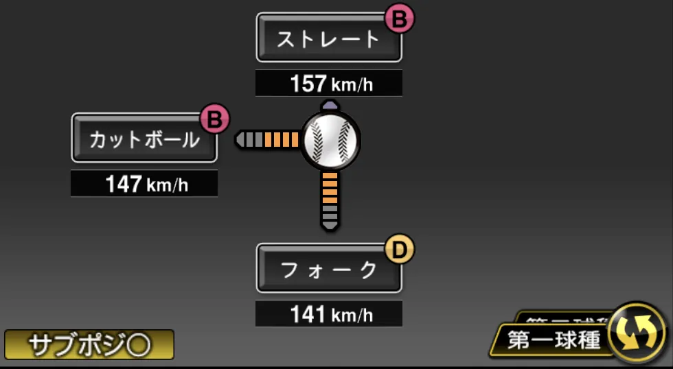 柳川 大晟の球種(ゲーム内の画面)