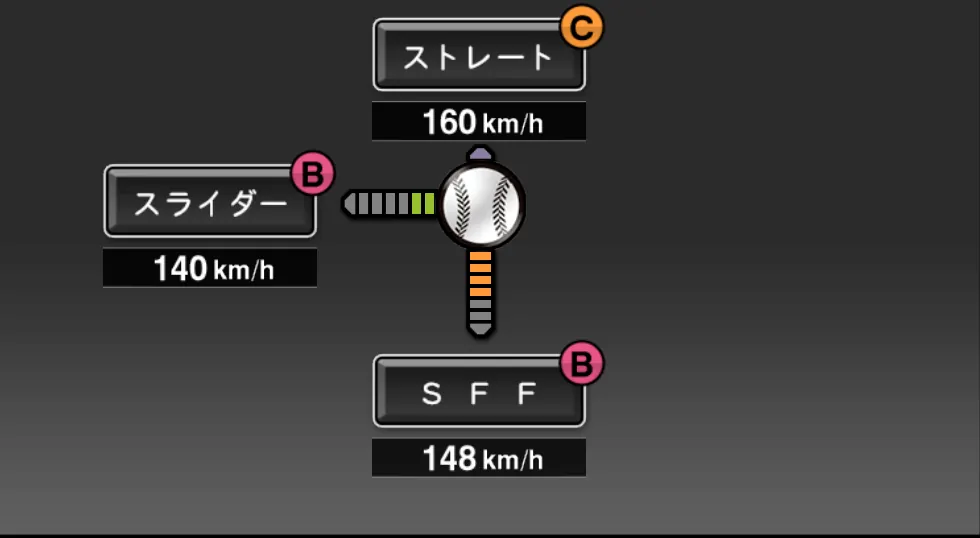 マシソンの球種（ゲーム内の画面）