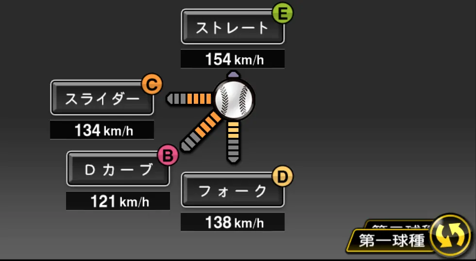 マイコラスの球種（ゲーム内の画面）