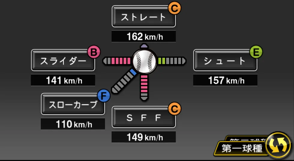 マシソンの球種（ゲーム内の画面）