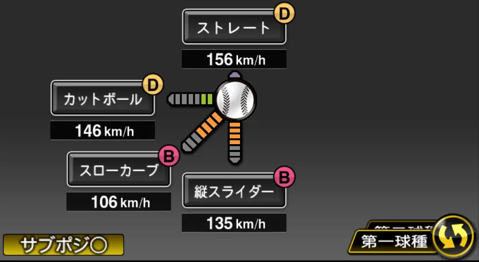 菅野 智之の球種（ゲーム内の画面）