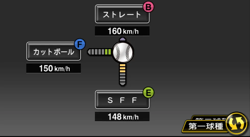 カミネロの球種（ゲーム内の画面）