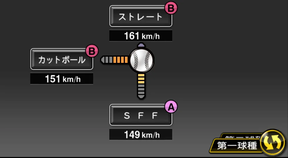 カミネロの球種（ゲーム内の画面）