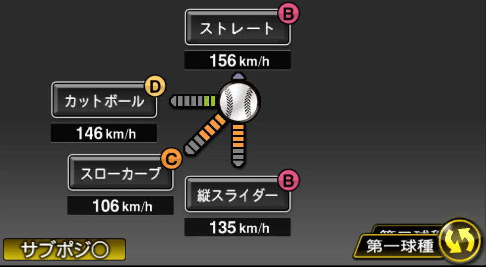 菅野 智之の球種（ゲーム内の画面）
