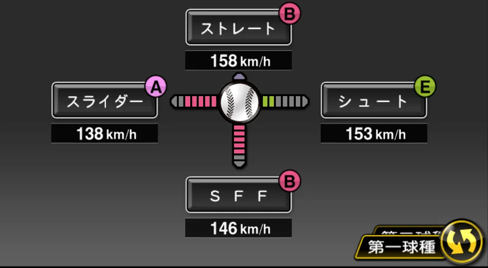 マシソンの球種（ゲーム内の画面）