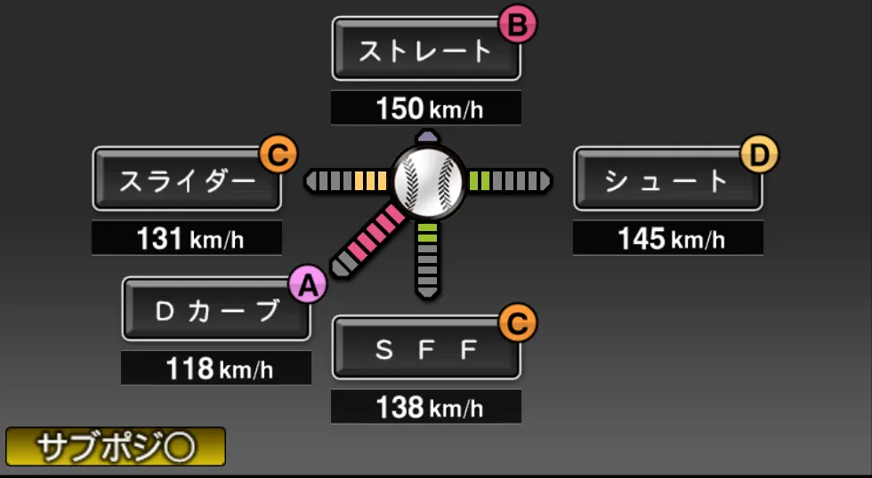桑田 真澄の球種（ゲーム内の画面）