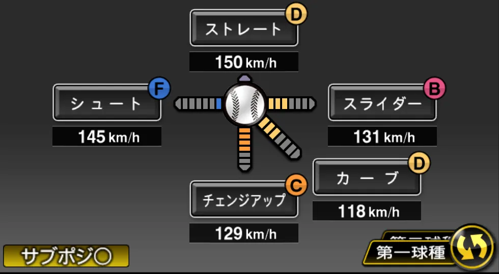 メルセデスの球種（ゲーム内の画面）