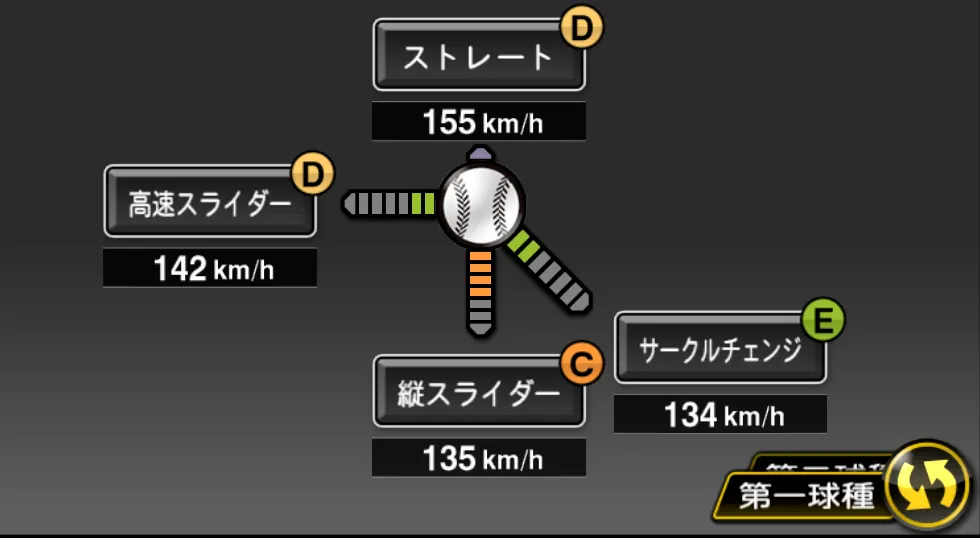 クックの球種（ゲーム内の画面）