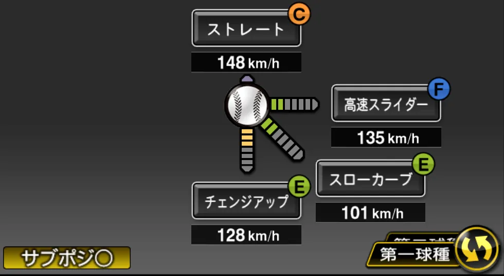 高木 京介の球種（ゲーム内の画面）