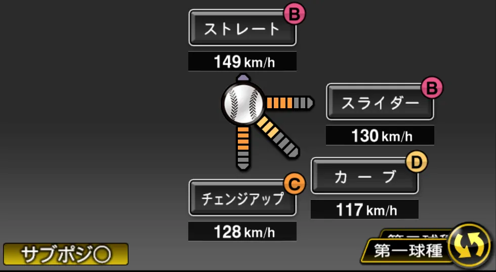 メルセデスの球種（ゲーム内の画面）
