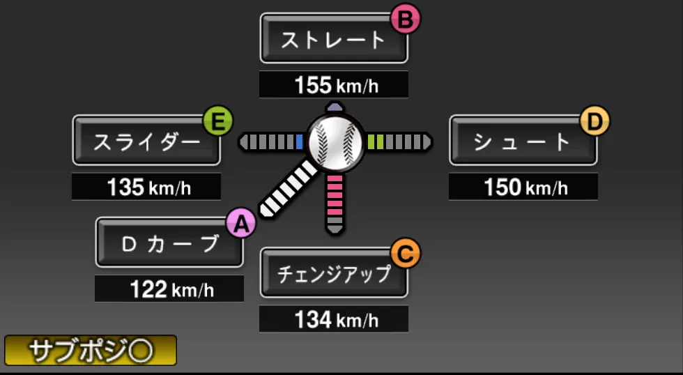 堀内 恒夫の球種（ゲーム内の画面）