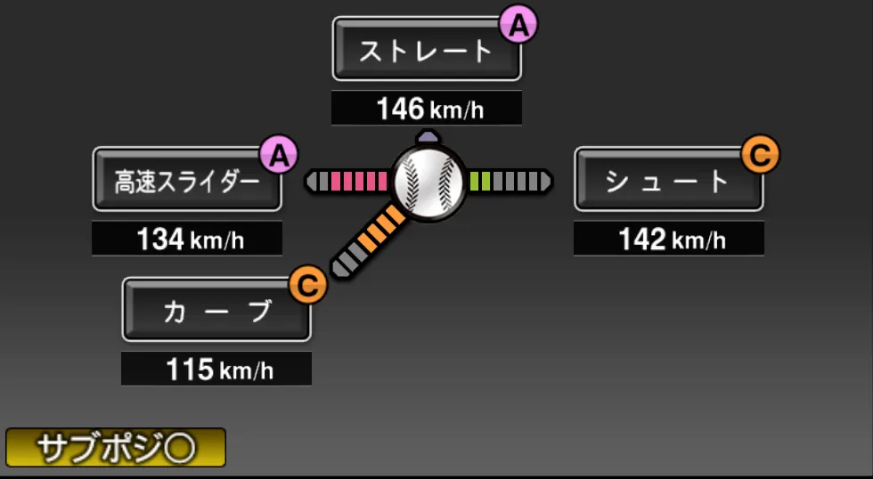 斎藤 雅樹の球種（ゲーム内の画面）