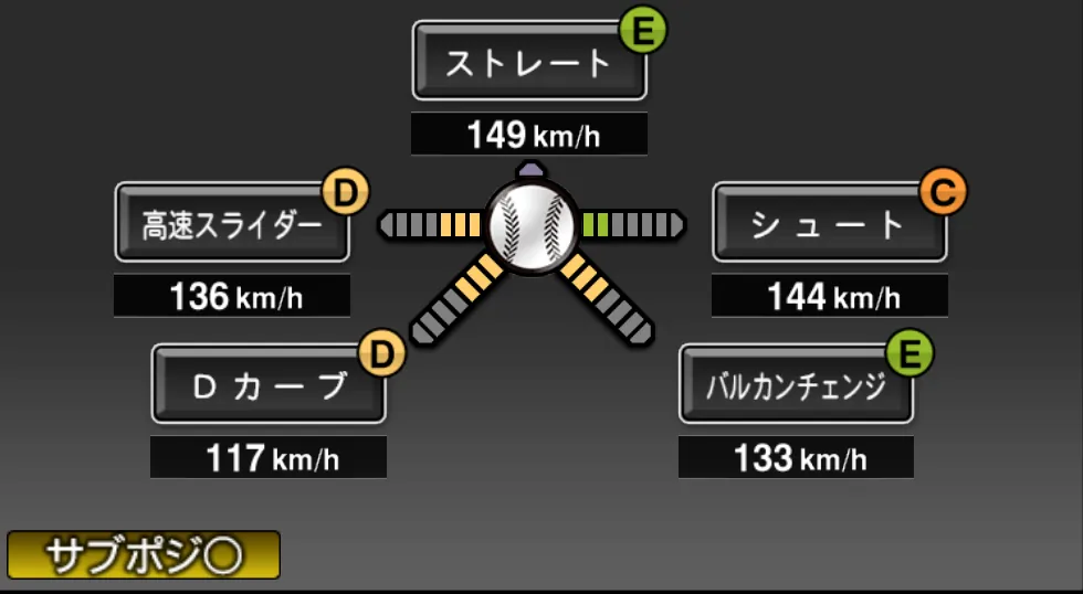 大竹 寛の球種(ゲーム内の画面)