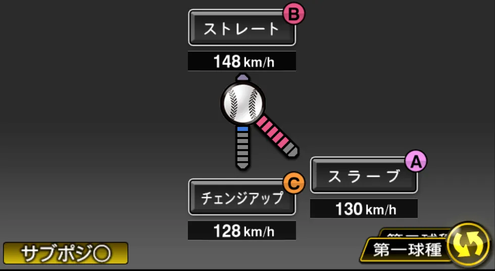 中川 皓太の球種（ゲーム内の画面）