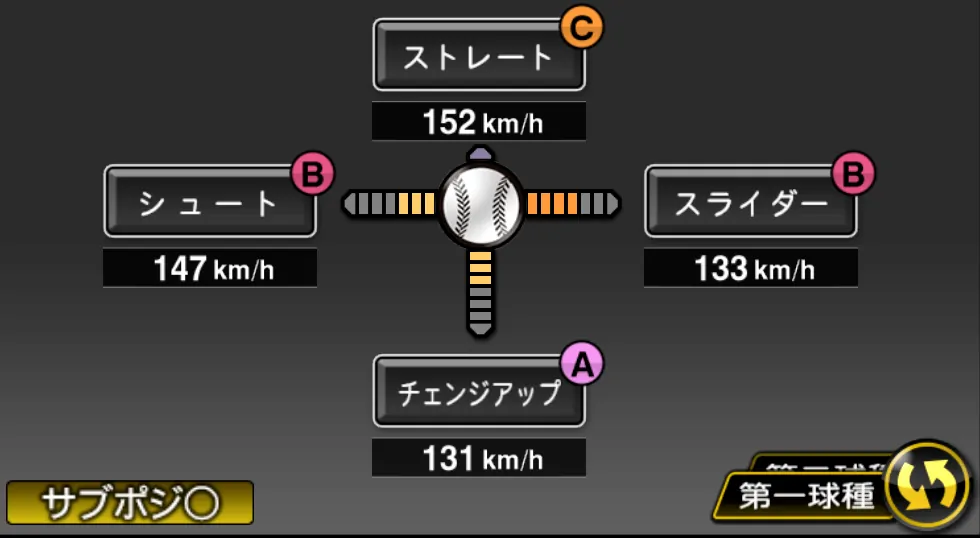 山口 鉄也の球種（ゲーム内の画面）