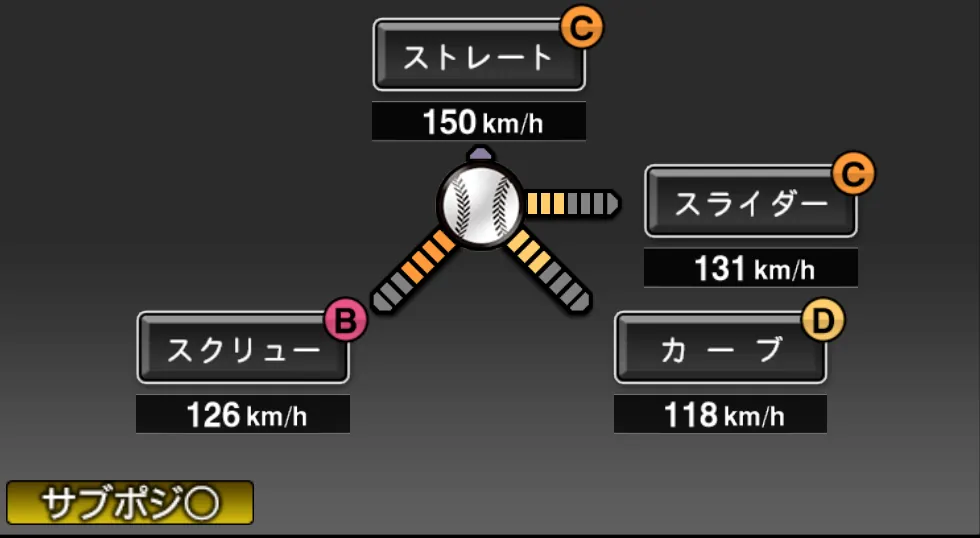 髙橋 優貴の球種（ゲーム内の画面）