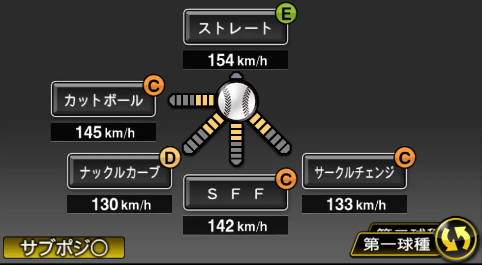 サンチェスの球種（ゲーム内の画面）