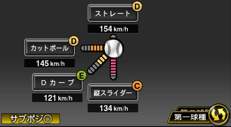 戸郷 翔征の球種（ゲーム内の画面）