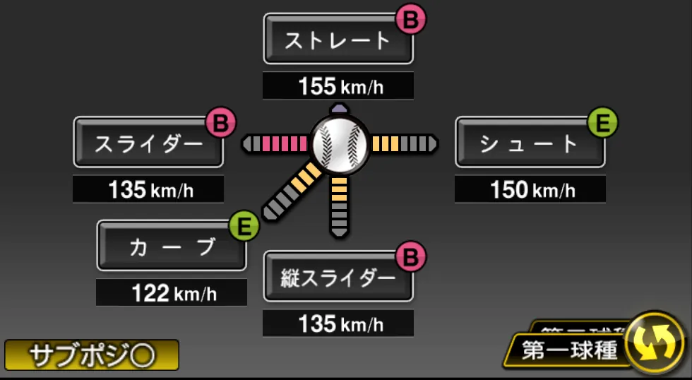 菅野 智之の球種（ゲーム内の画面）
