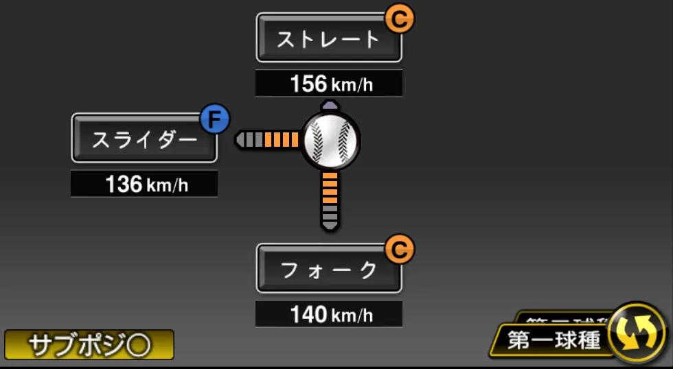 平内 龍太の球種（ゲーム内の画面）