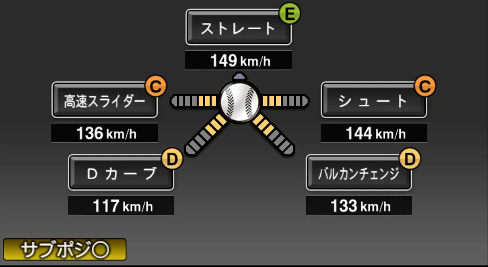 大竹 寛の球種(ゲーム内の画面)