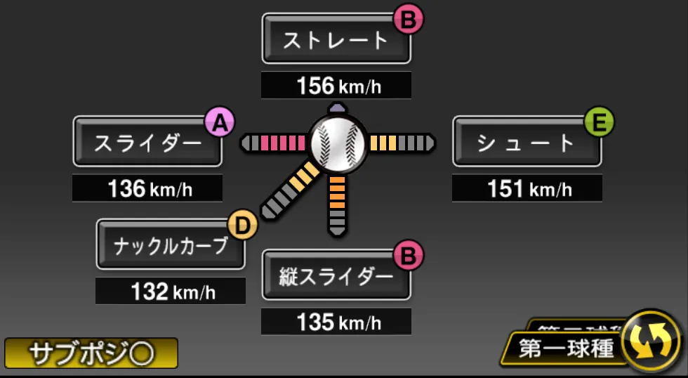 菅野 智之の球種（ゲーム内の画面）