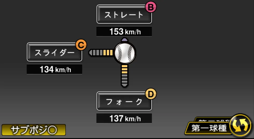 鍵谷 陽平の球種（ゲーム内の画面）
