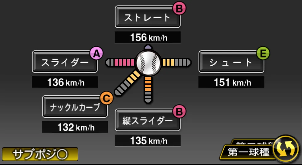 菅野 智之の球種（ゲーム内の画面）