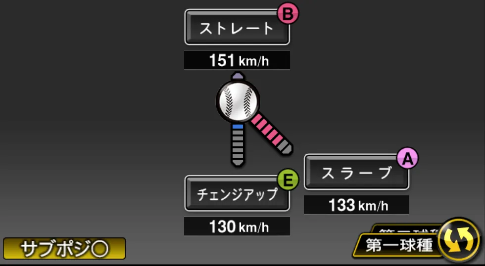 中川 皓太の球種（ゲーム内の画面）