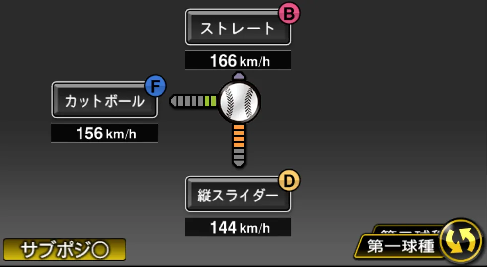 ビエイラの球種（ゲーム内の画面）