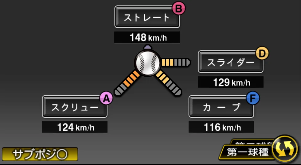 髙橋 優貴の球種（ゲーム内の画面）