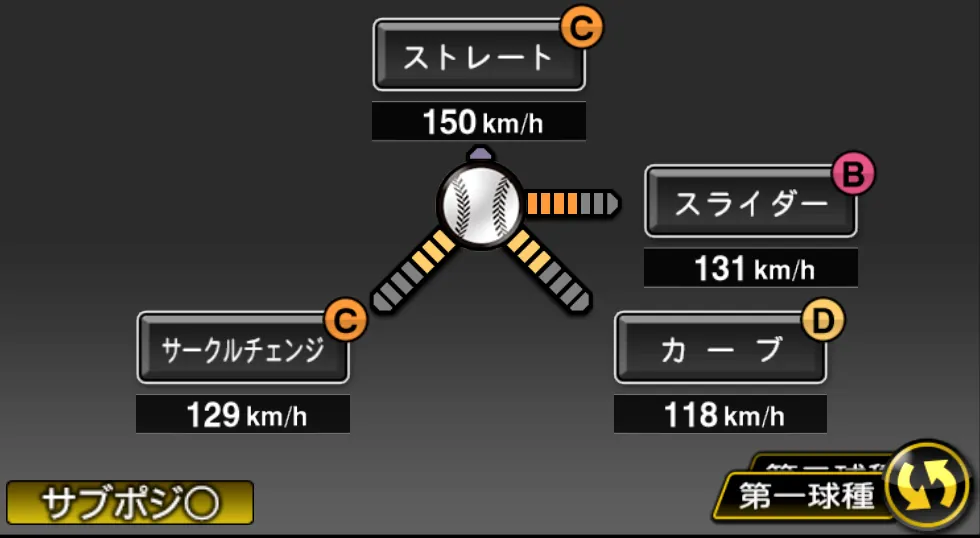 メルセデスの球種（ゲーム内の画面）