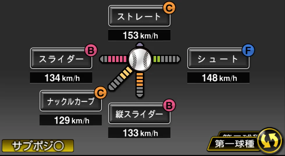 菅野 智之の球種（ゲーム内の画面）