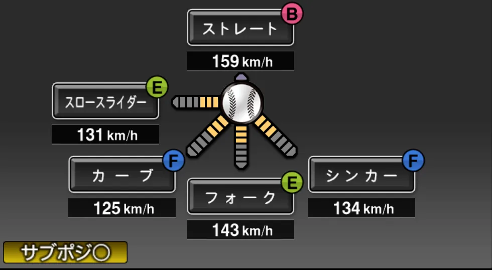 大勢の球種（ゲーム内の画面）