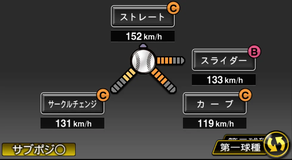 メルセデスの球種（ゲーム内の画面）