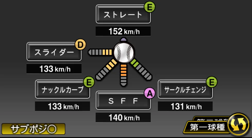 シューメーカーの球種（ゲーム内の画面）