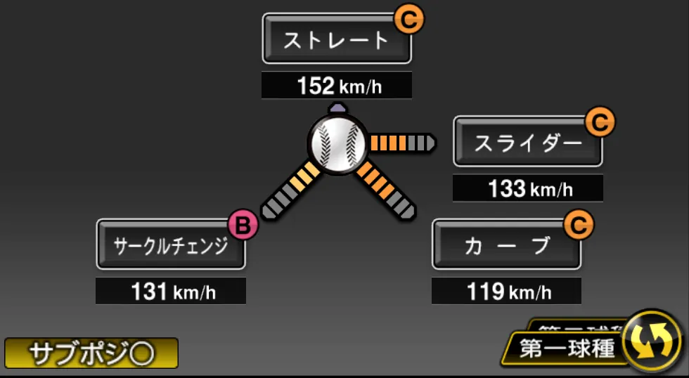 メルセデスの球種（ゲーム内の画面）