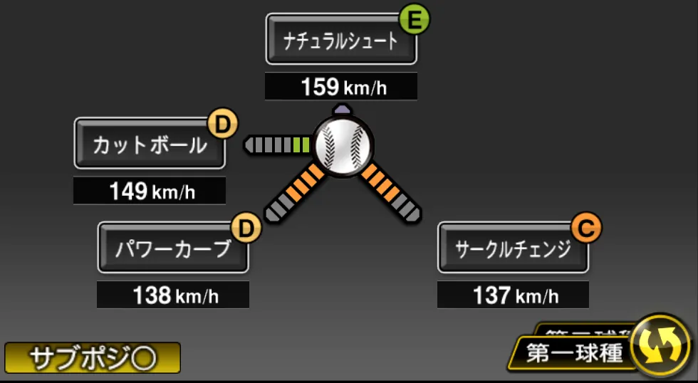 ビーディの球種（ゲーム内の画面）