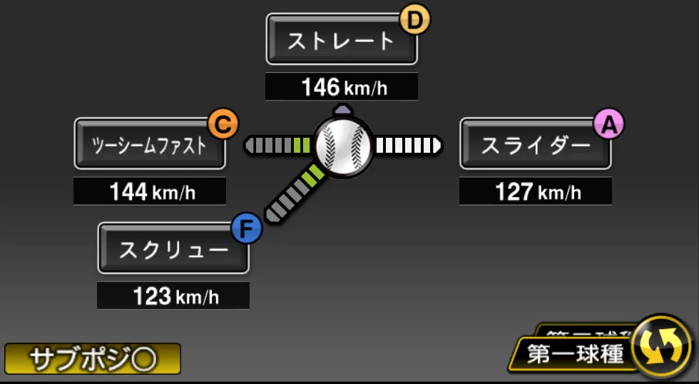 高梨 雄平の球種（ゲーム内の画面）