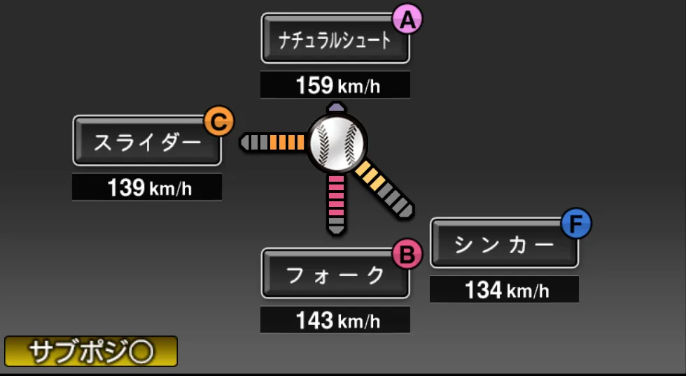 大勢の球種（ゲーム内の画面）
