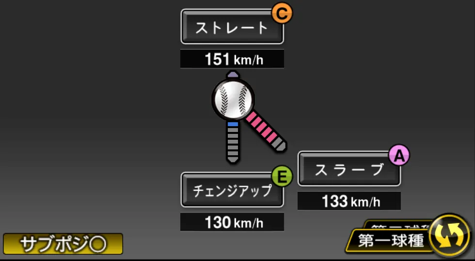 中川 皓太の球種（ゲーム内の画面）