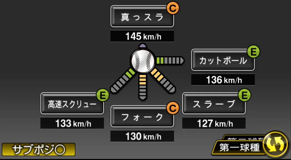 横川 凱の球種(ゲーム内の画面)