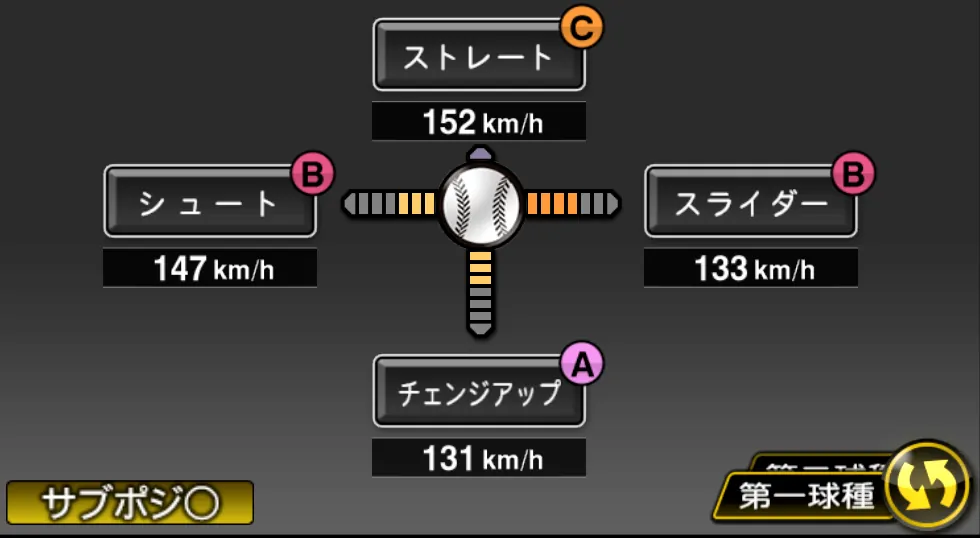 山口 鉄也の球種（ゲーム内の画面）