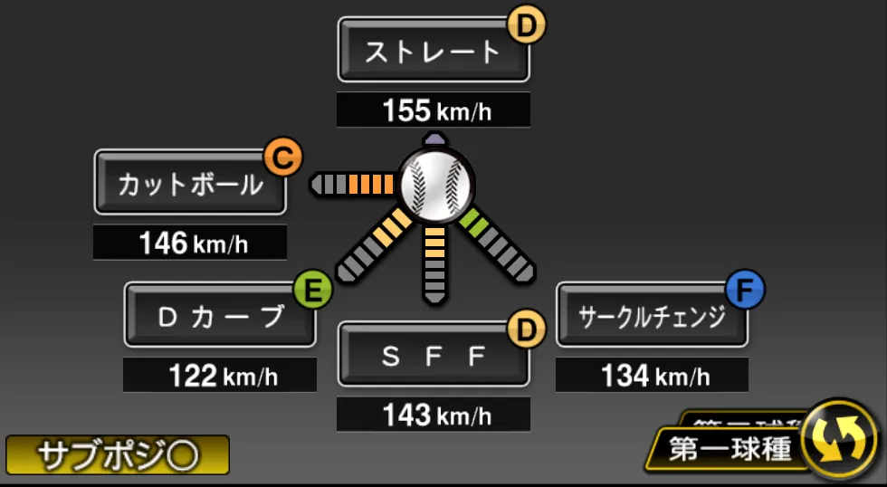 西舘 勇陽の球種（ゲーム内の画面）