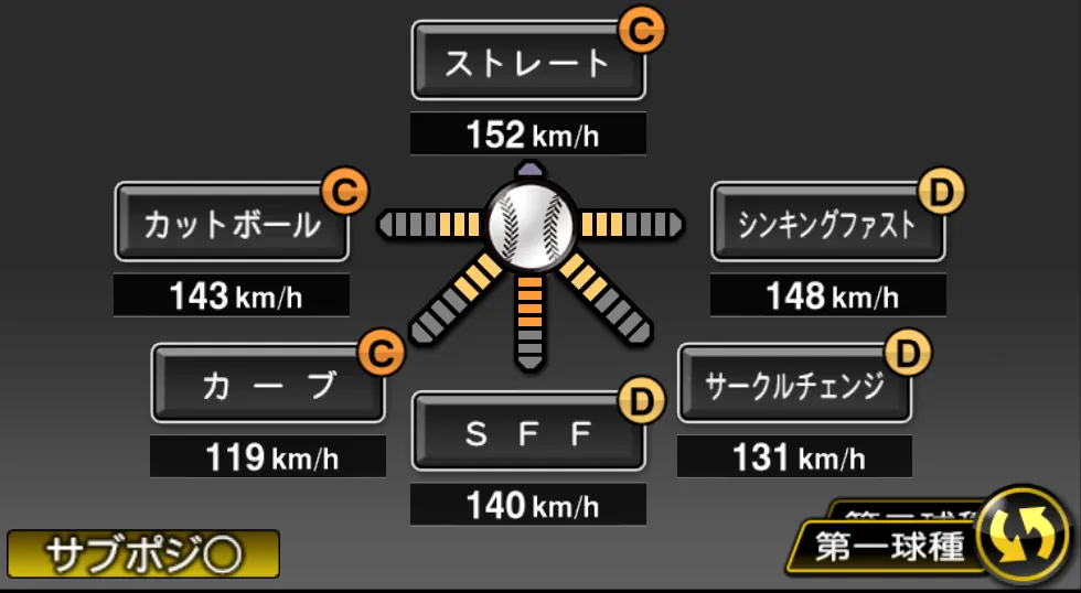 赤星 優志の球種（ゲーム内の画面）