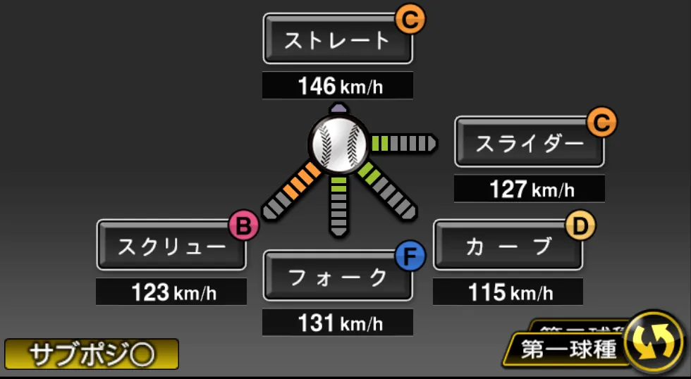 高橋 尚成の球種（ゲーム内の画面）